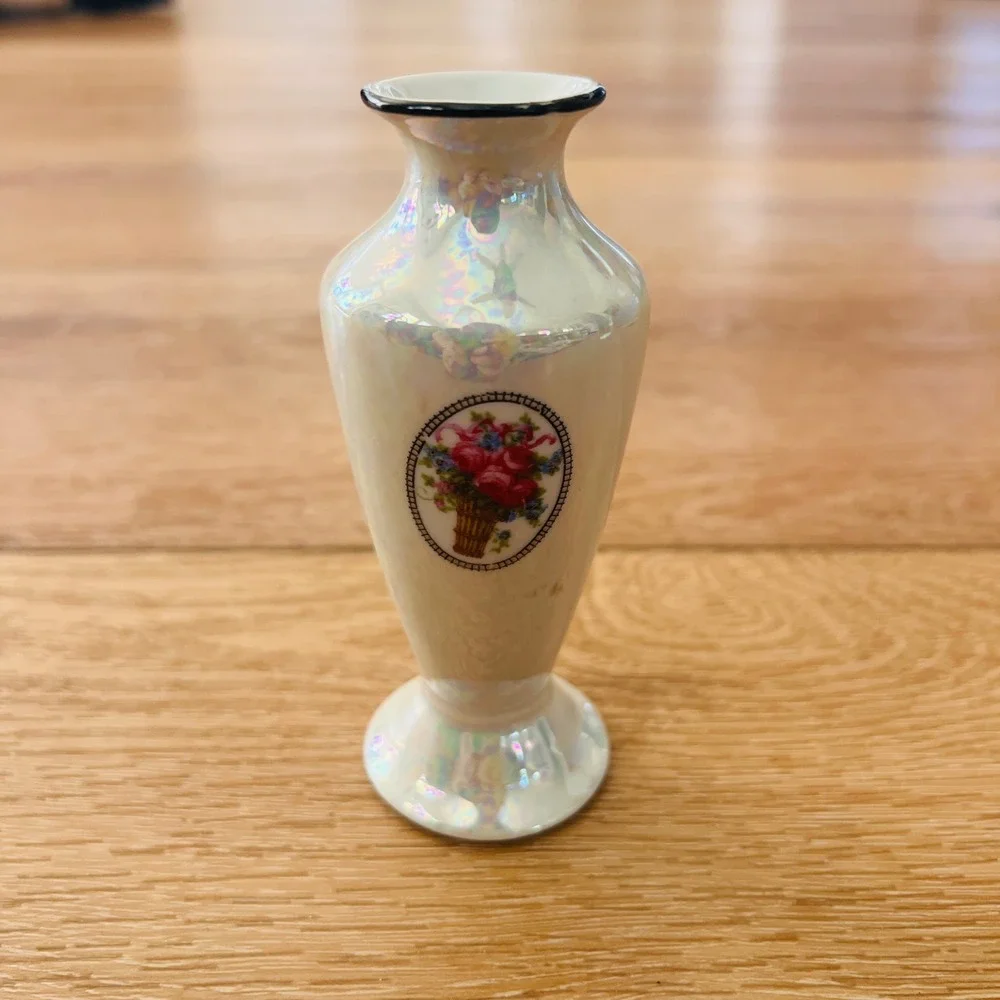 Vintage Germany Iridescent Lusterware Miniature Bud Vase Floral Basket Design
